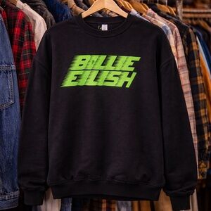 NWOT Billie Eilish Crewneck black Sz Med Neon Green Divided H&M Collab 2019/2020